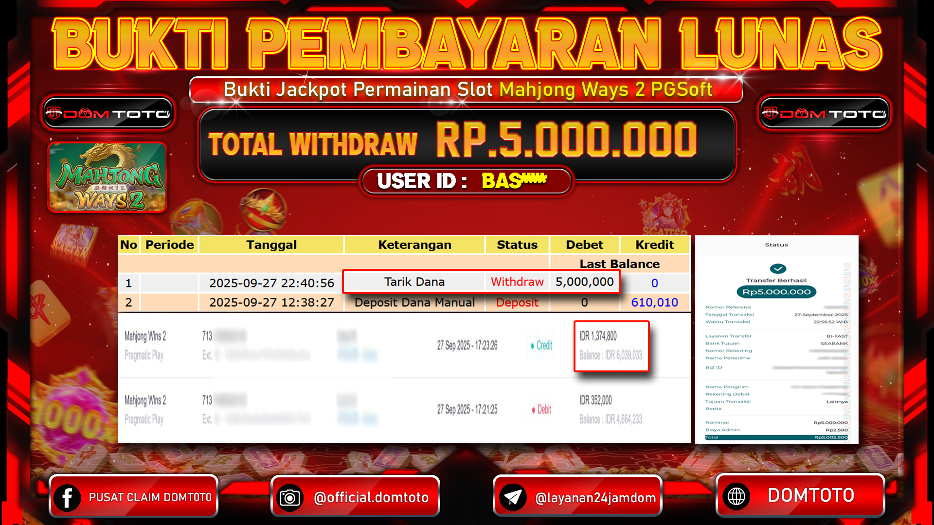 JACKPOT SLOT Mahjong Ways 2 PGSoft 27 SEPTEMBER 2025